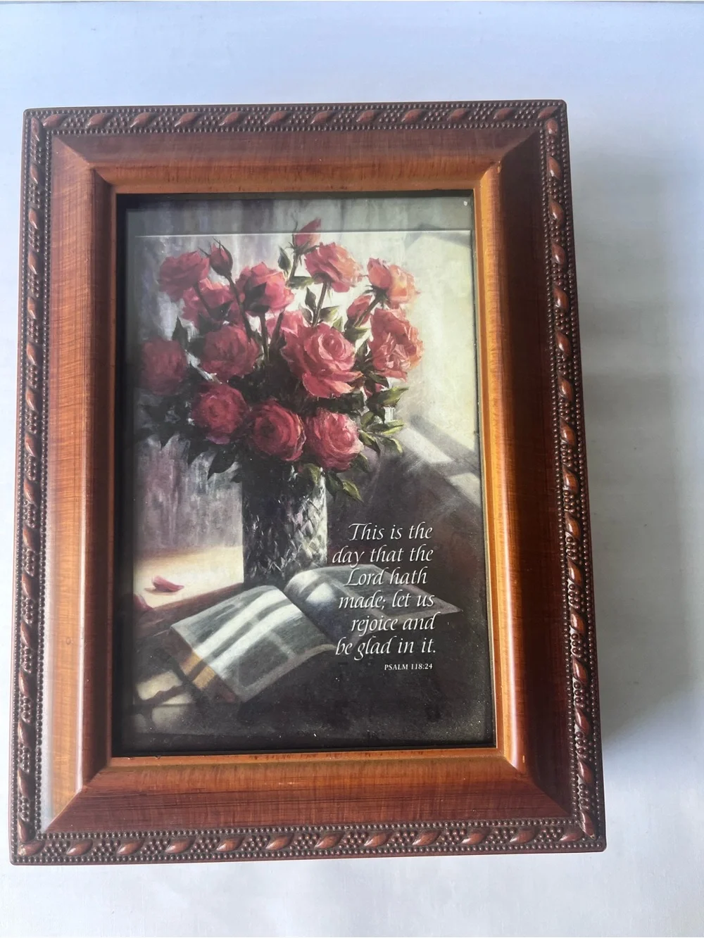 Sankyo Walnut Finish Music Jewelry Box Picture Frame Plays Happy Birthday Song